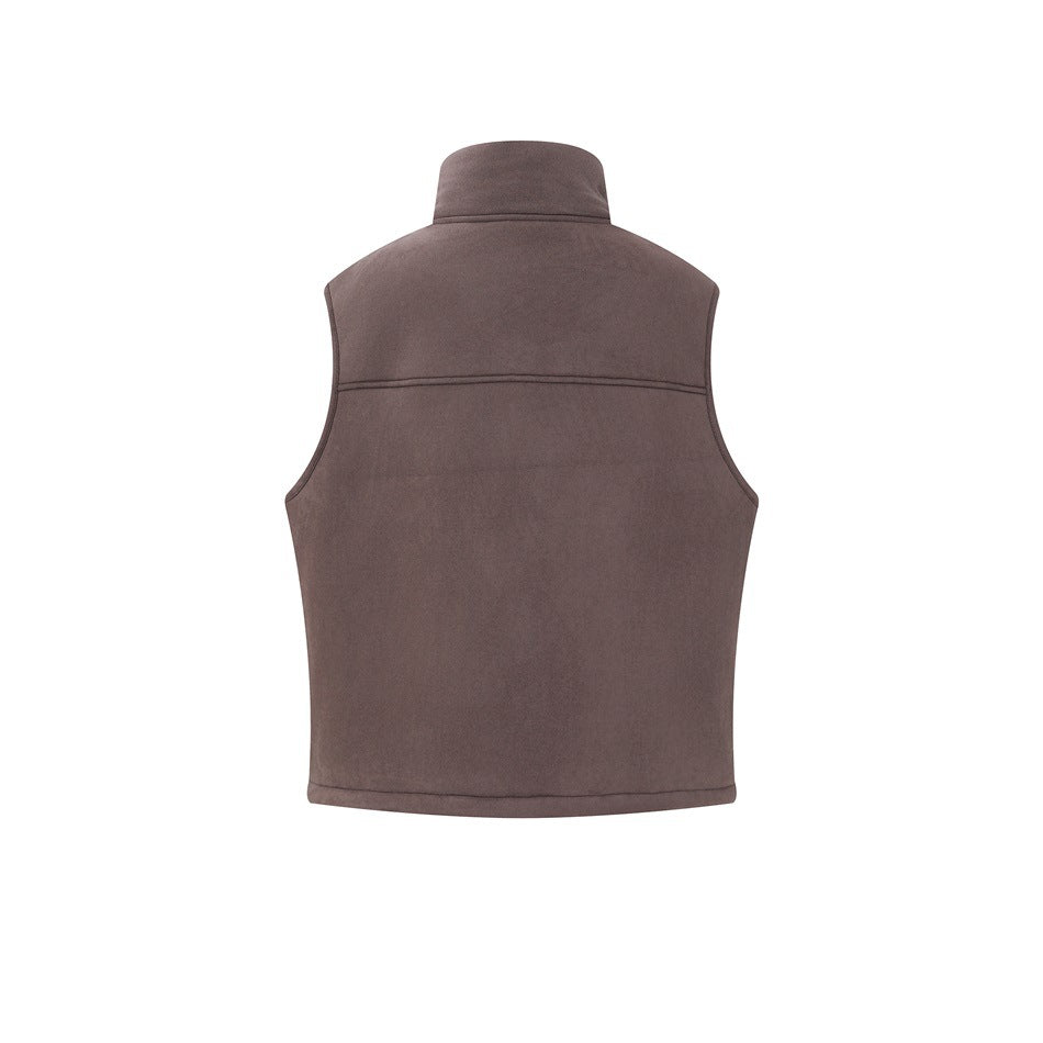 Back view of a muted brown sleeveless vest with a raised collar and horizontal upper-back seam.