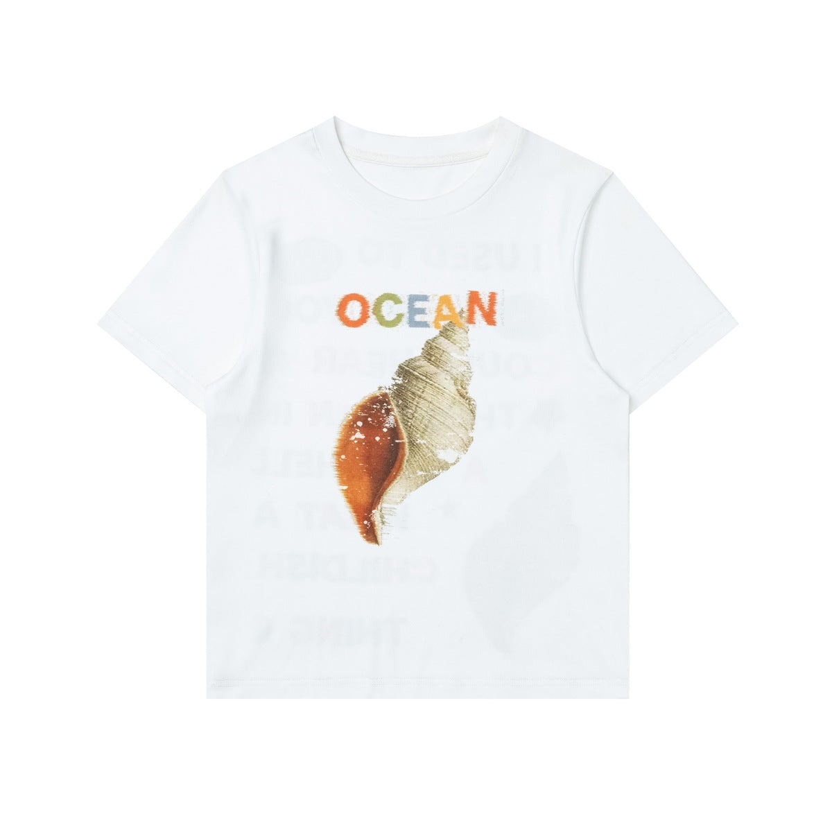 White crew-neck T-shirt front with OCEAN lettering and a large orange seashell print, flat lay