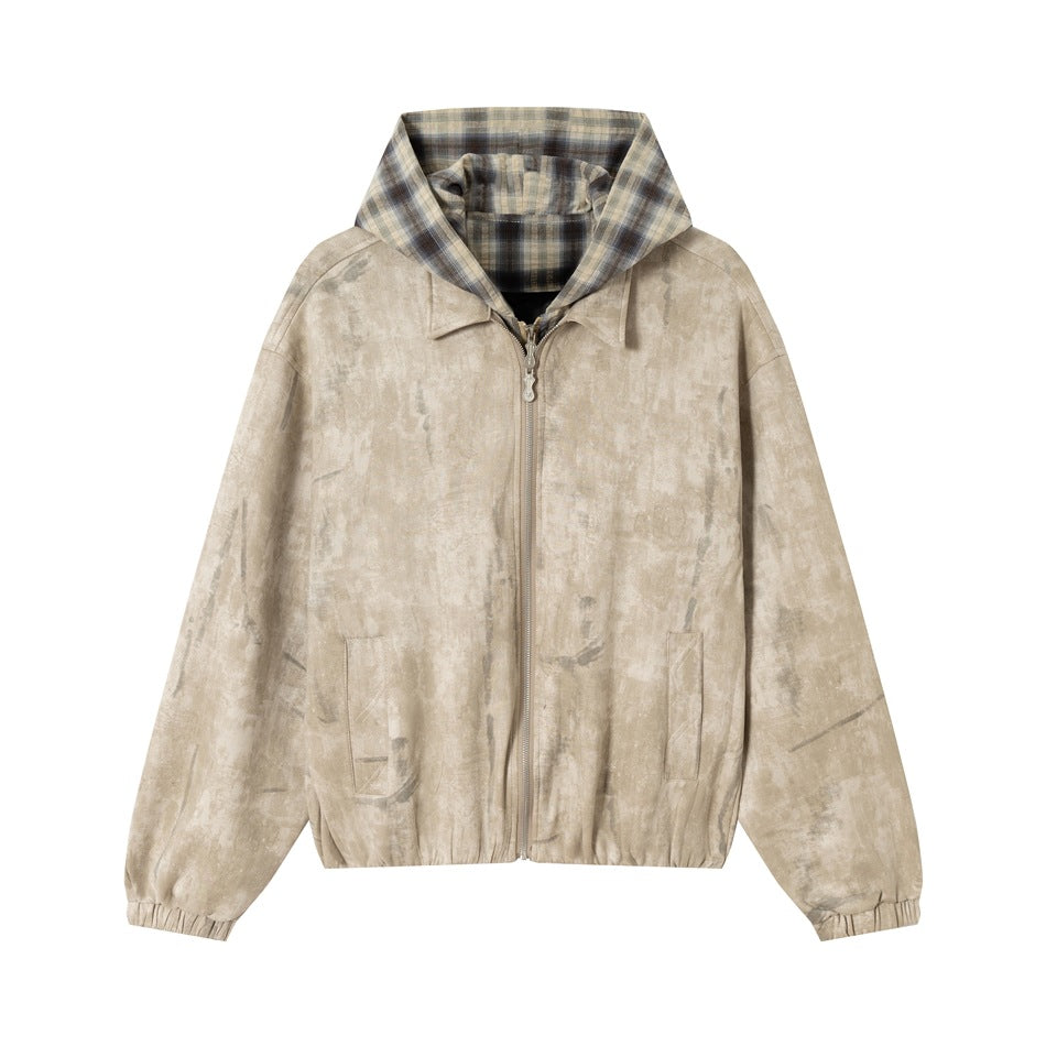 Khaki distressed zip jacket with collar, plaid hood, front pockets and elastic cuffs and hem, flat front view