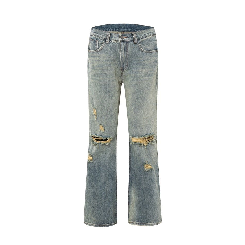 Light blue faded wash flared jeans with ripped knees, shown flat from the front on a white background