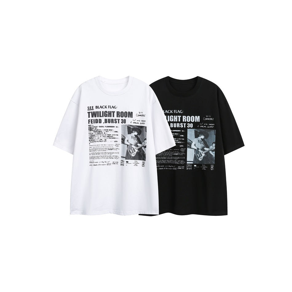 White and black oversized T-shirts displayed together, each with a contrasting concert-poster-style front graphic.