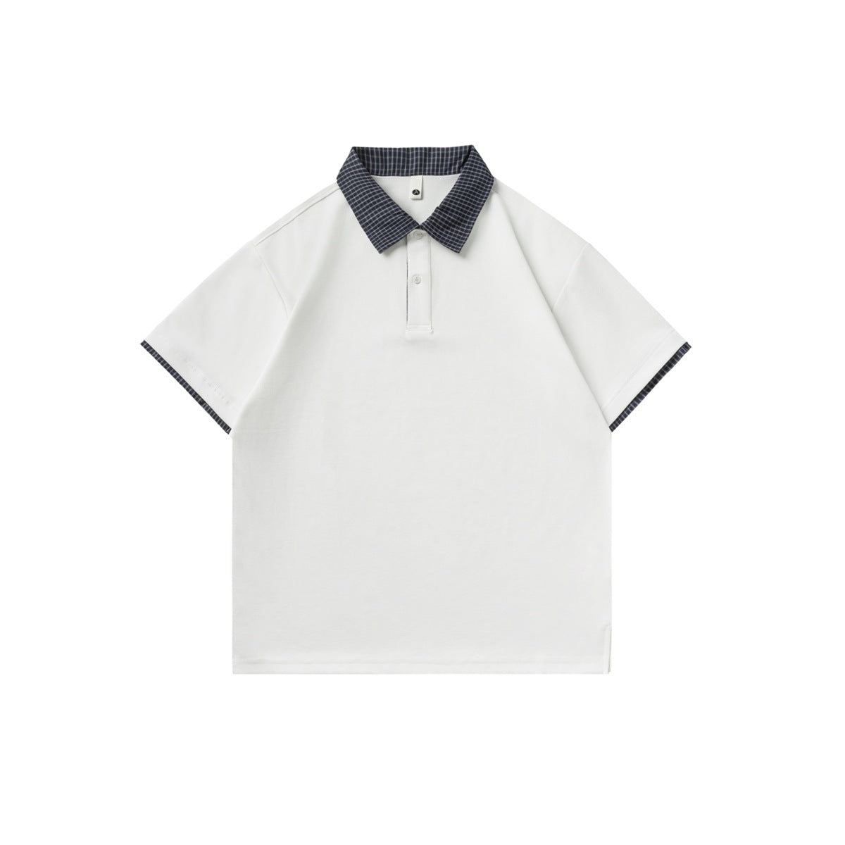 White short-sleeve polo shirt with navy checked collar and cuff trim, flat front view
