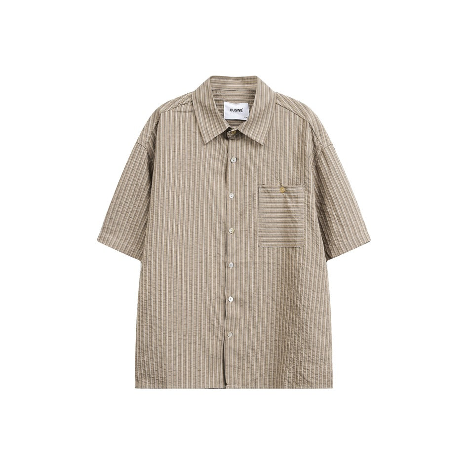 Khaki vertical-striped short-sleeve button-up shirt with chest pocket, flat front view