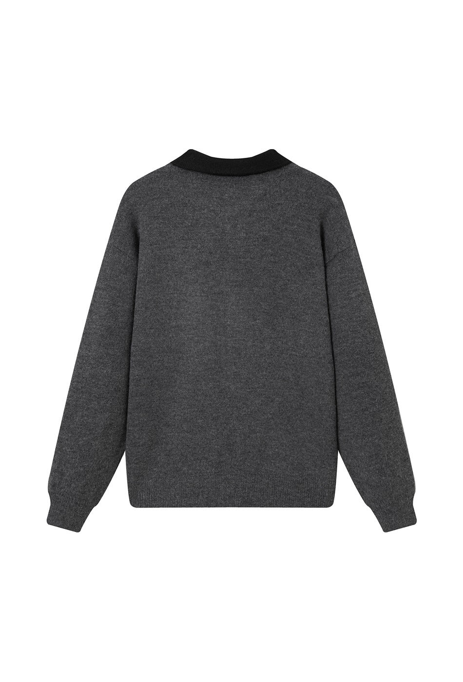 Back view of charcoal gray knit cardigan with black collar, ribbed cuffs and hem, flat lay