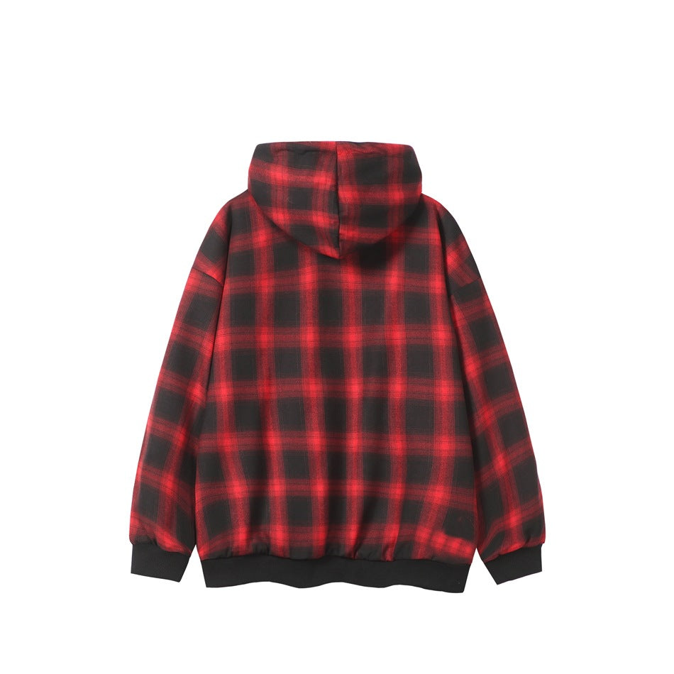 Back of red and black plaid hooded sweatshirt with plaid hood, black ribbed cuffs and hem
