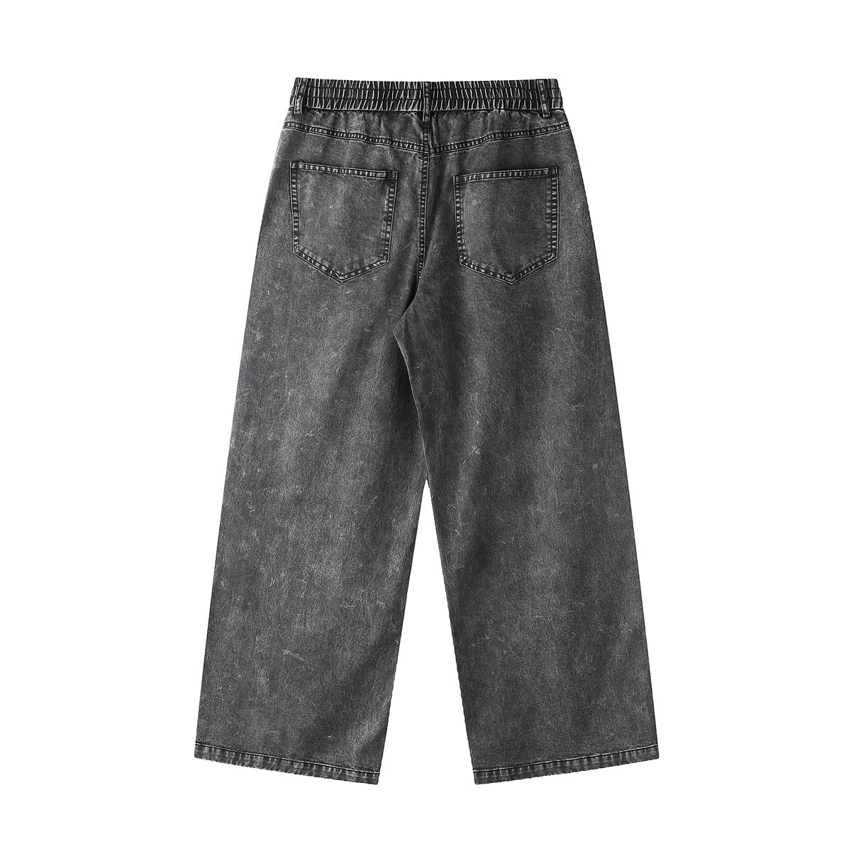 Back view of charcoal-gray wide-leg jeans with an elastic waistband and two back pockets, laid flat on white.