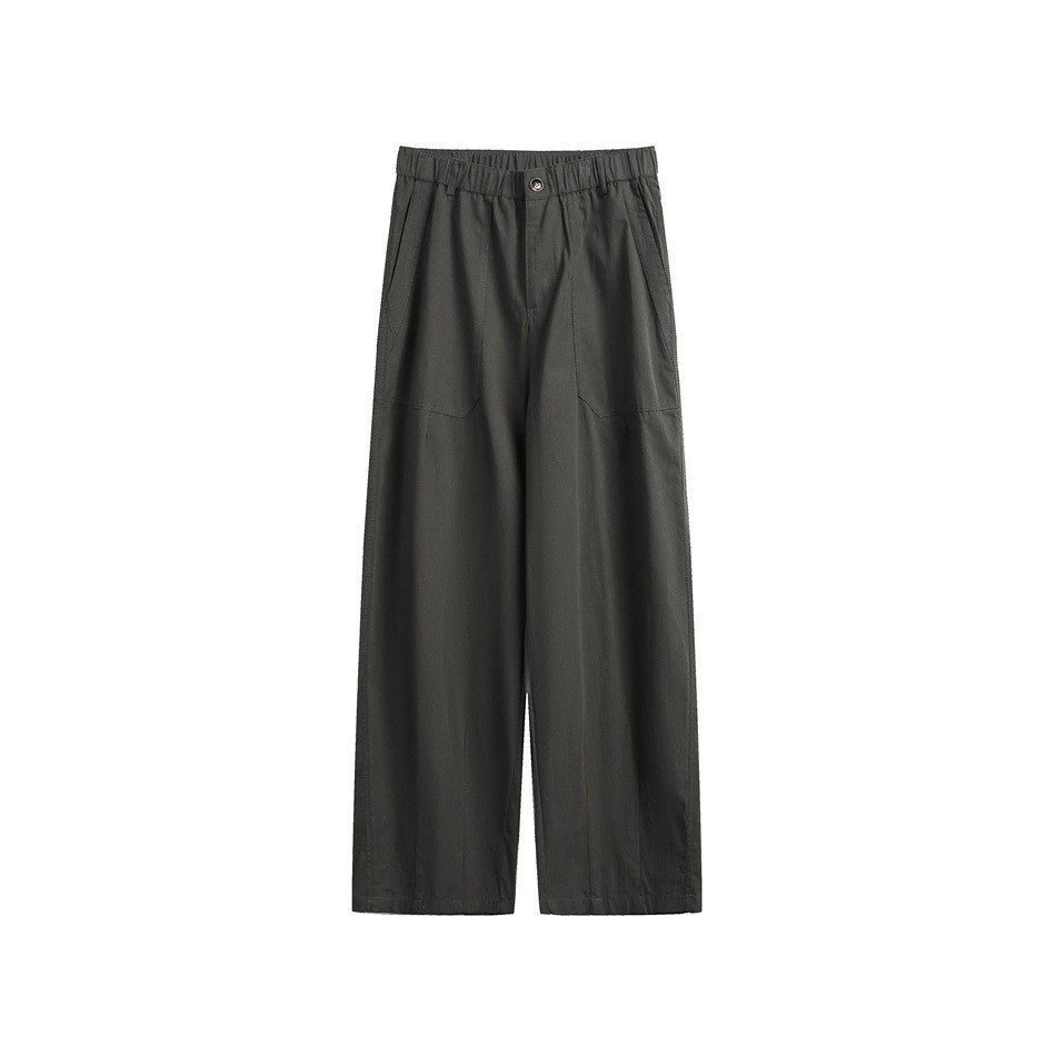 Dark gray wide-leg pants with elastic waistband, front button and large patch pockets, flat lay front view