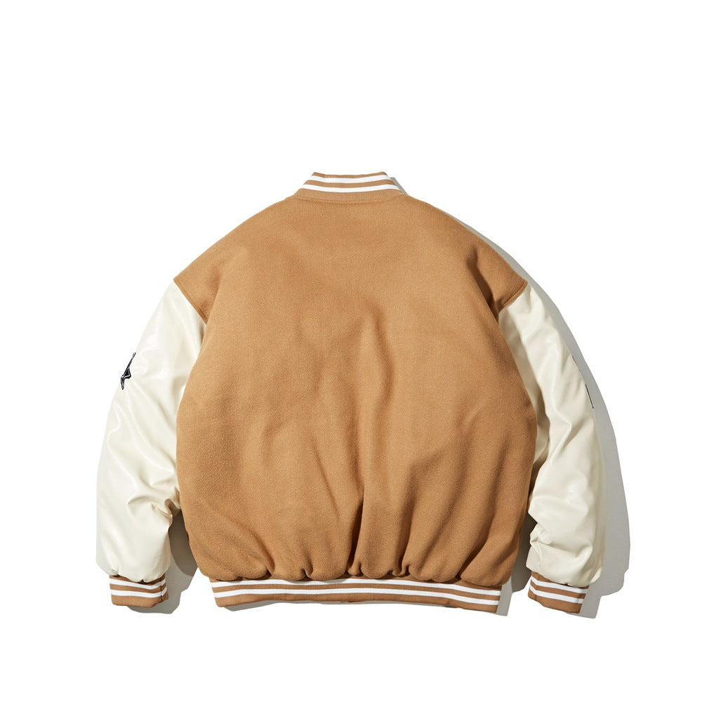 Back view of a tan varsity jacket with cream sleeves and matching striped ribbed collar, cuffs, and hem.