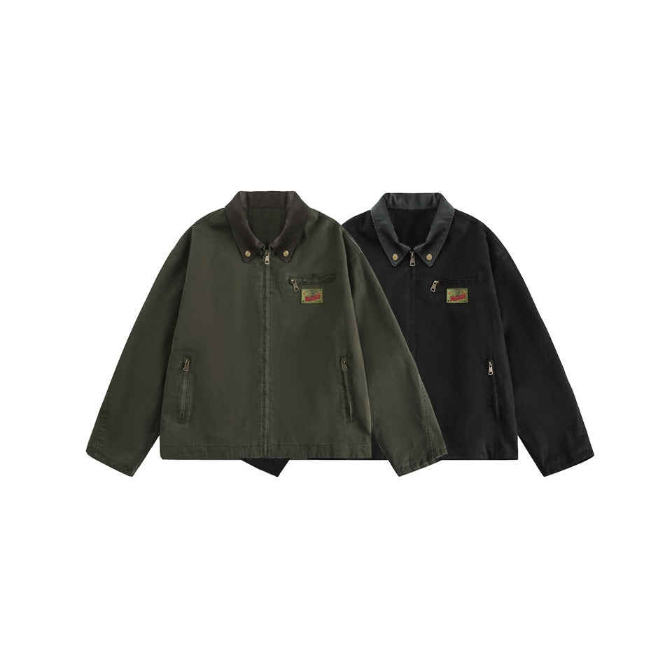 Two front-facing work jackets displayed together: one olive and one black, both with zip pockets and chest patches.