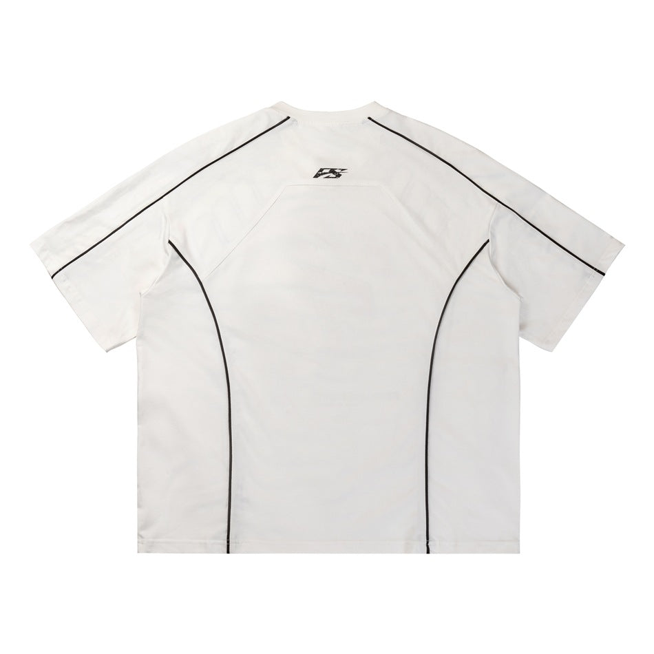 Back view of white short-sleeve T-shirt with black piping and a small logo print below the neckline