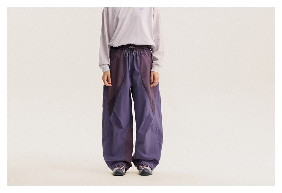 Front view of a model wearing loose purple paneled pants with a drawstring waist and a pale long-sleeve top.
