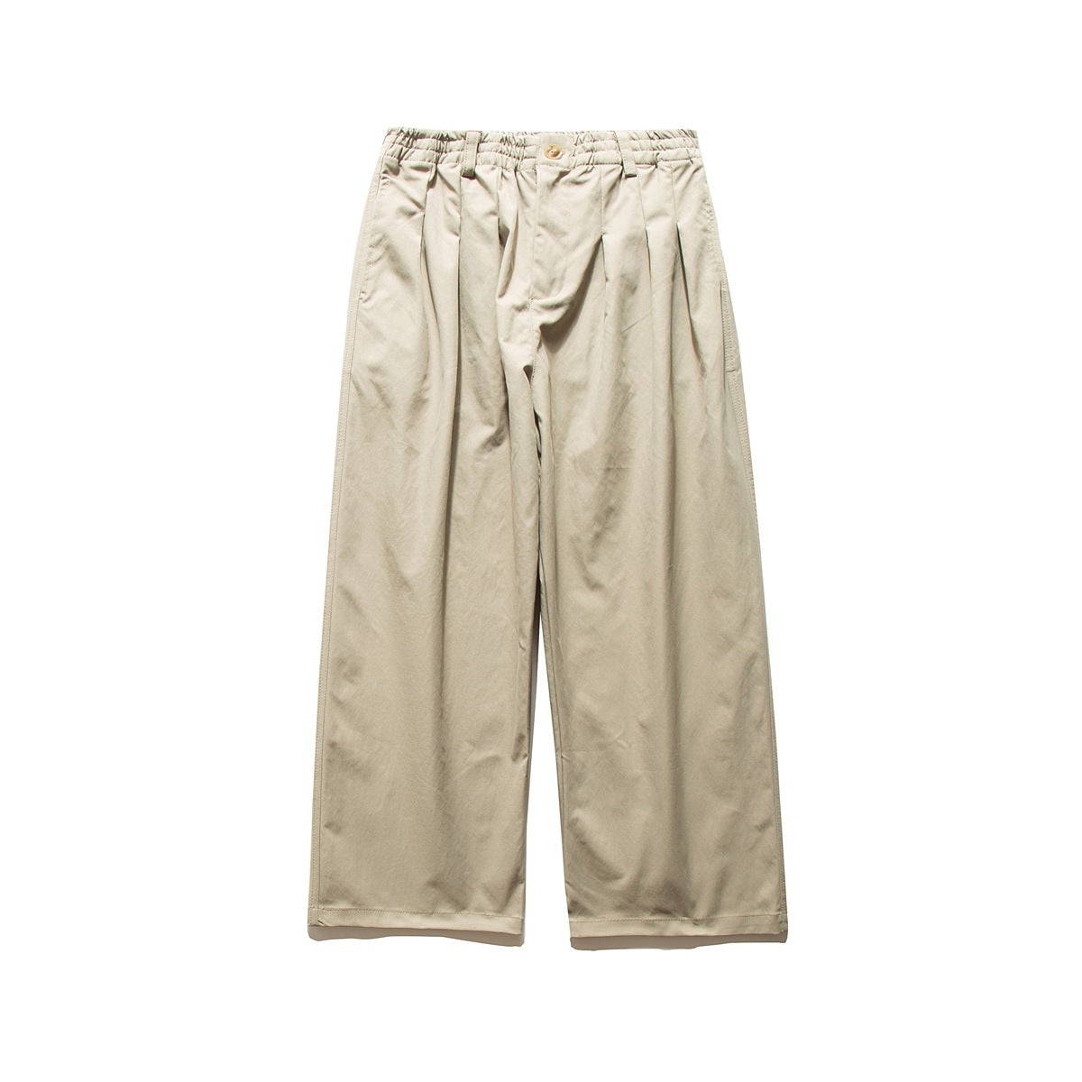 Light khaki wide-leg pleated trousers with elastic waistband and button closure, flat lay front view