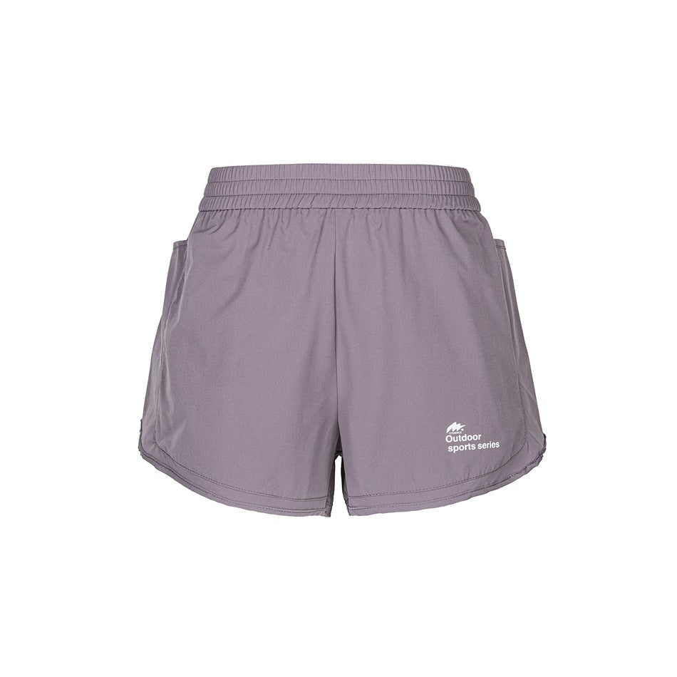 Taro purple athletic shorts with wide elastic waistband, side pockets and white Outdoor sports series print, front view