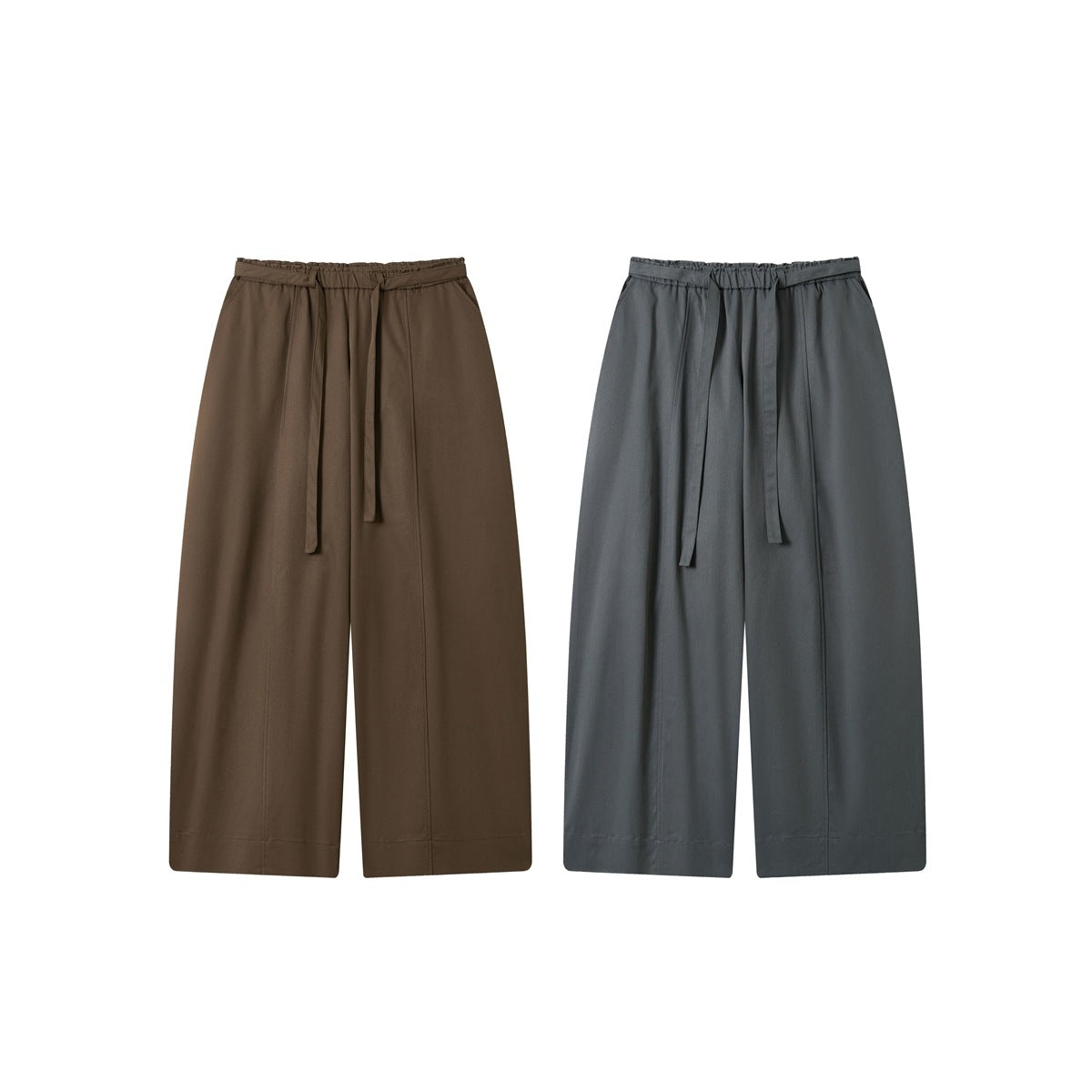 Two front views of wide-leg trousers with gathered waistbands and tie belts, in brown and charcoal gray.
