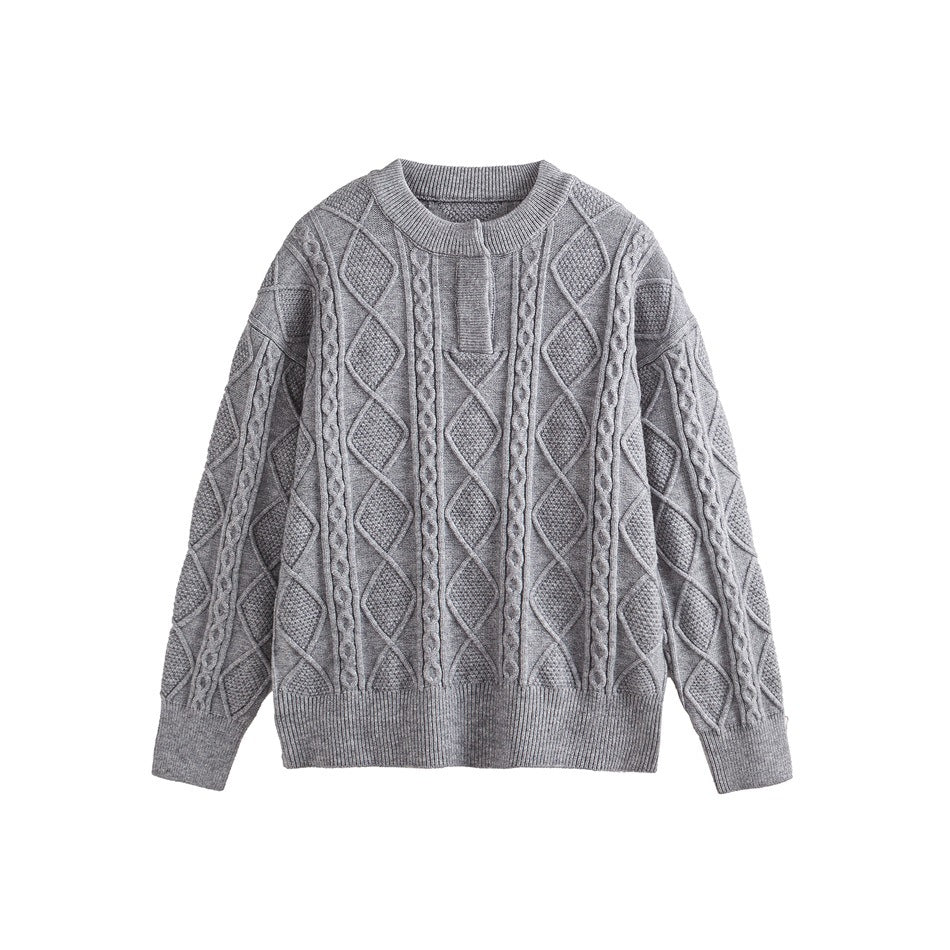 Light gray cable-knit pullover sweater with diamond pattern, ribbed crew neck and short placket, flat lay front view