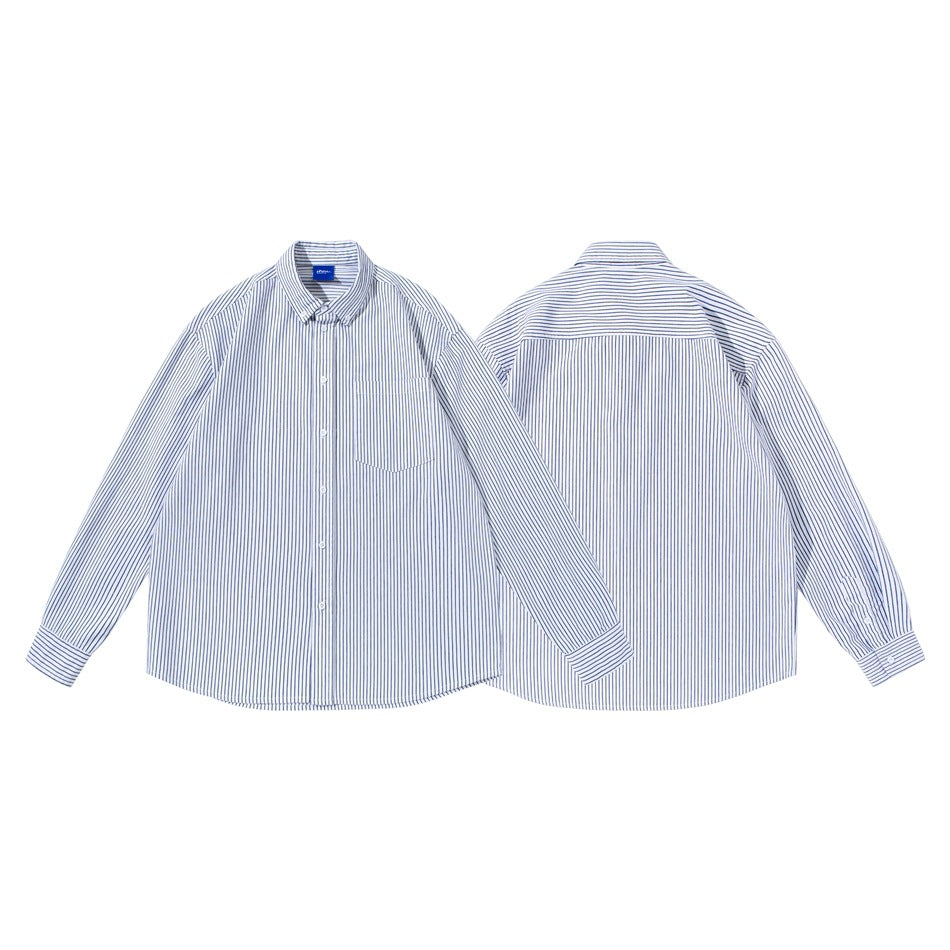 White long-sleeve button-down shirt with thin blue stripes, shown from the front and back on a white background.