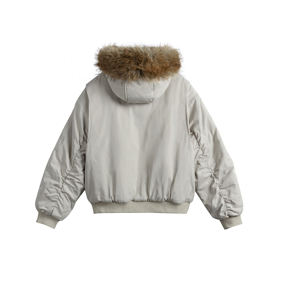 Back view of a light gray bomber jacket with a fur-trimmed hood and rib-knit cuffs and hem.
