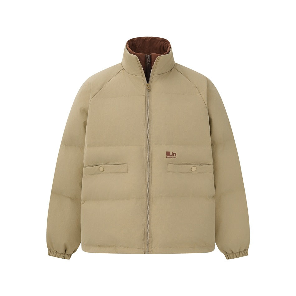 Khaki quilted stand-collar zip jacket with two snap-flap pockets and brown inner collar, flat front view