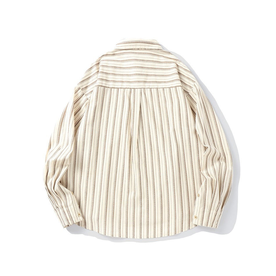 Back view of cream striped long-sleeve shirt with brown stripes, back yoke, center pleat and button cuffs
