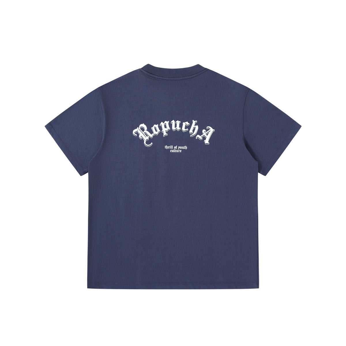 Back of blue short-sleeve T-shirt with arched white gothic lettering print and small text below