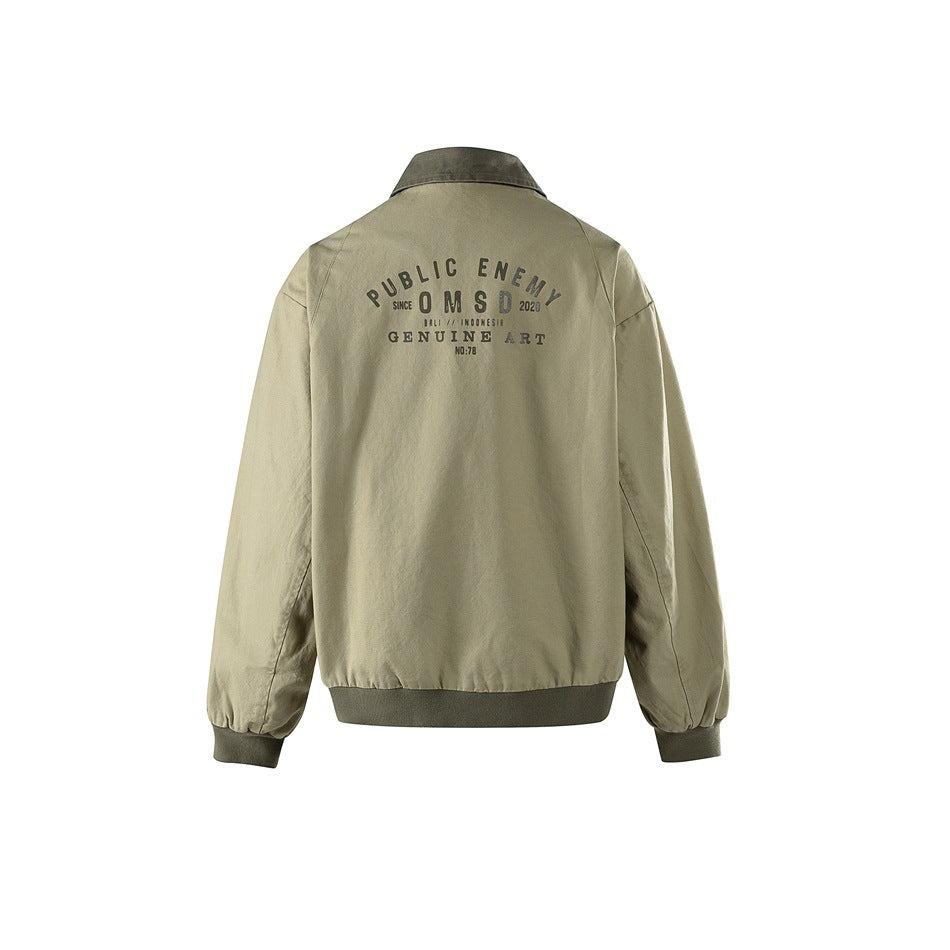 Back view of a khaki jacket with dark olive arched graphic print, olive collar and ribbed hem and cuffs