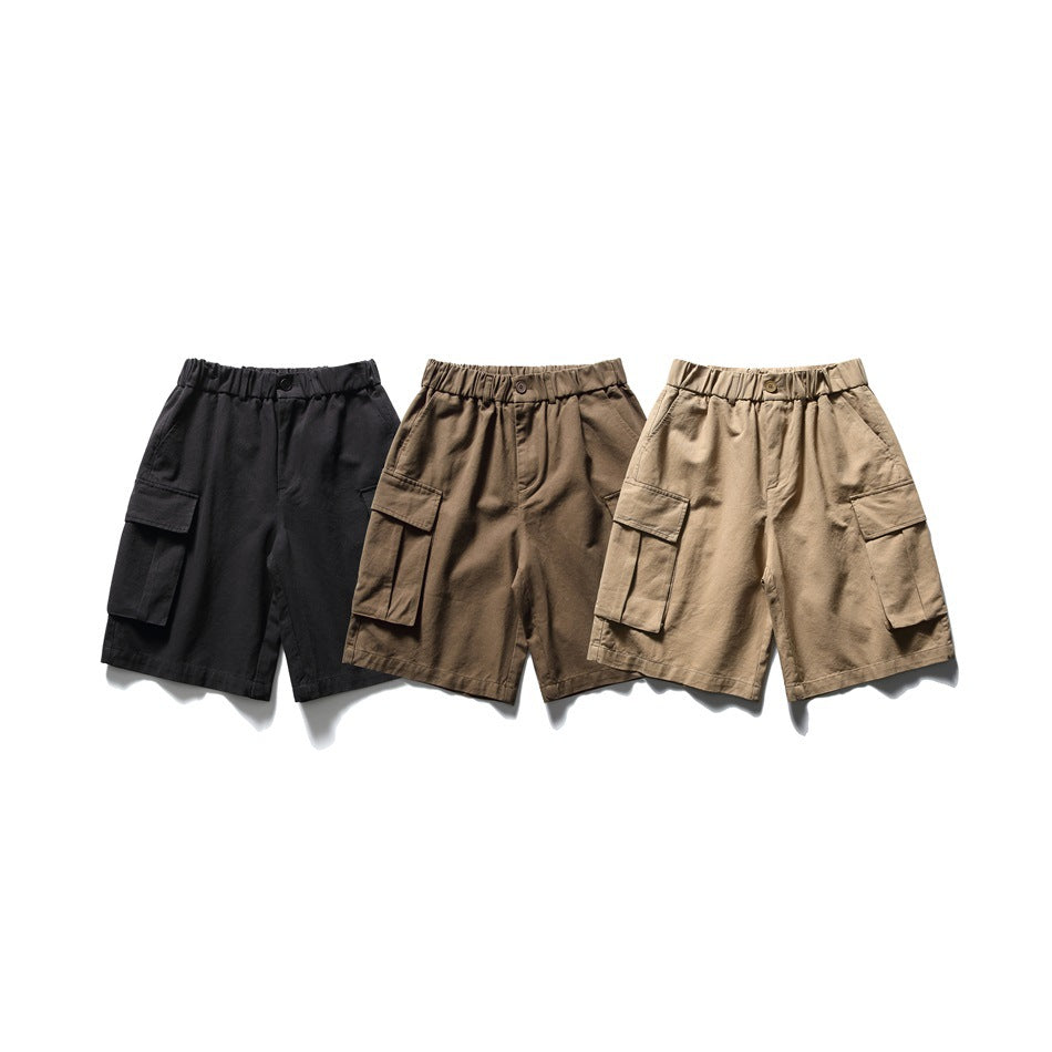 Three pairs of cargo shorts shown from the front in black, dark brown and tan.