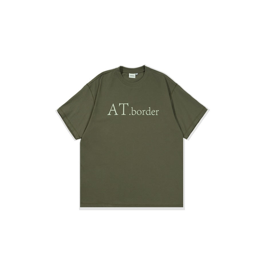 Army green short-sleeve crew-neck T-shirt flat lay with light green serif lettering across the chest