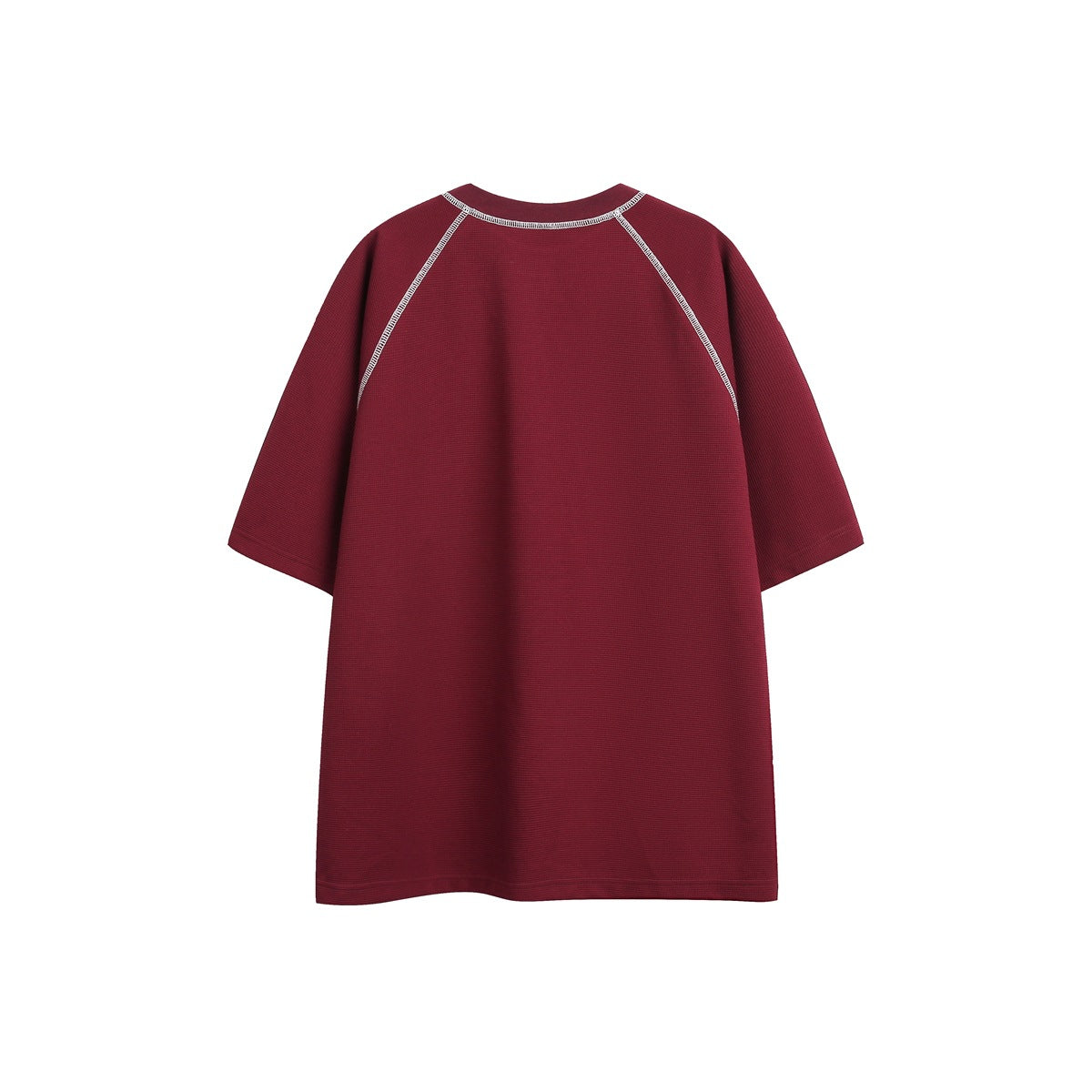 Back view of a burgundy short-sleeve shirt with pale contrast raglan stitching on a white background.