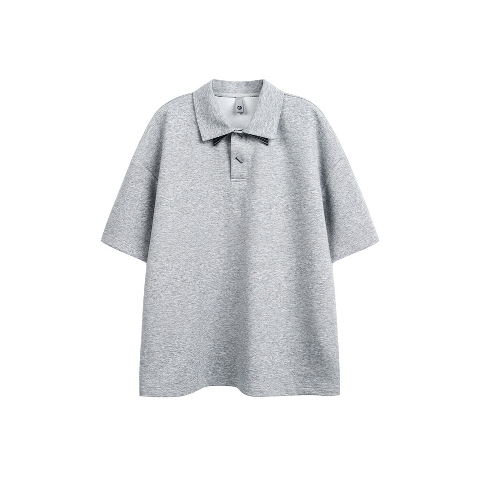 Heather gray short-sleeve polo top with folded collar, two-button placket and small bow-like collar detail, flat front view