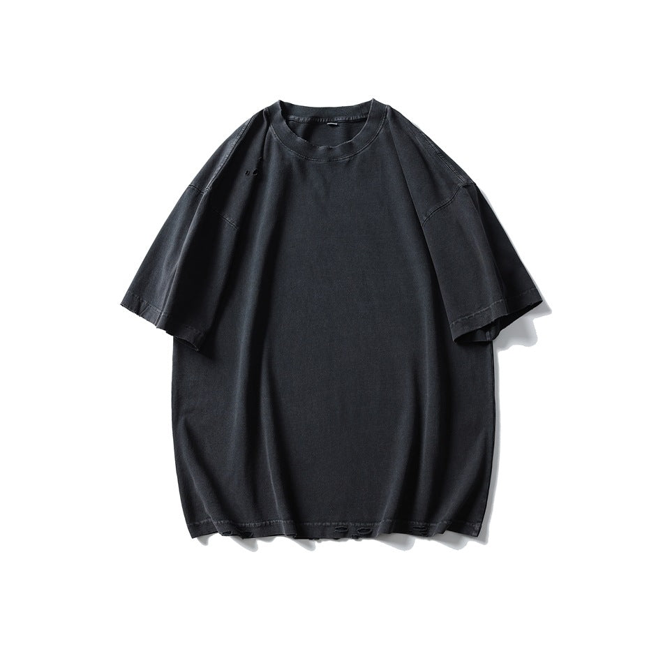 Black faded distressed short-sleeve crew-neck T-shirt, flat front view on white background