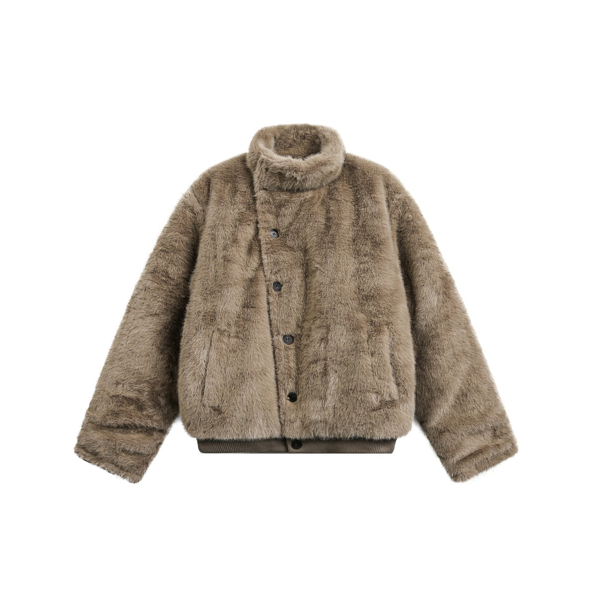 Brown plush faux-fur-style jacket with stand collar, asymmetrical button front and ribbed hem, front view