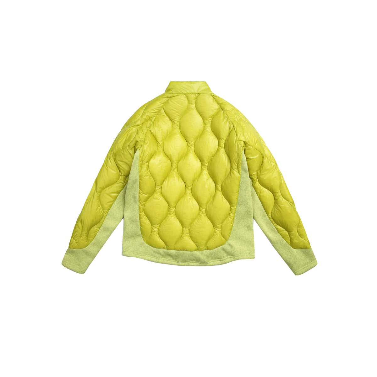 Back view of a bright lime quilted jacket with pale gray-green knit side panels and sleeves on a white background.