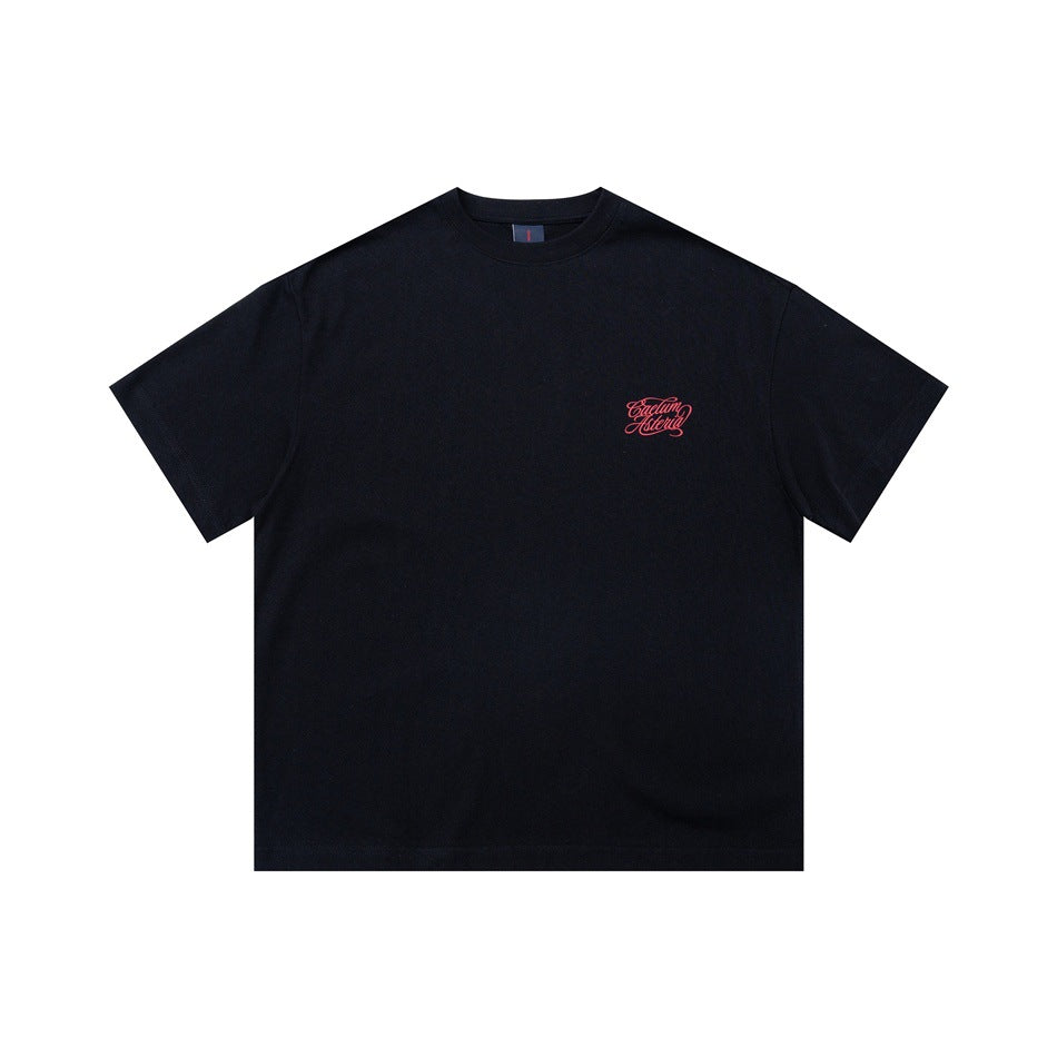 Black short-sleeve crew-neck T-shirt with small red script lettering on the chest, shown flat against white.