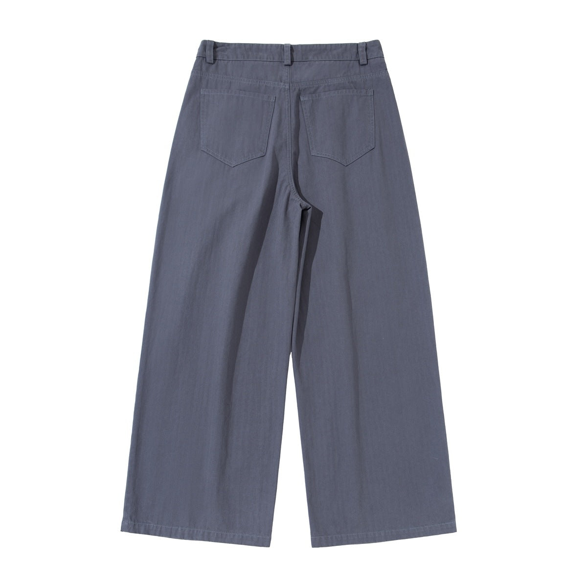 Back view of slate gray wide-leg trousers with belt loops, two patch pockets, and full-length hems, shown flat on white.
