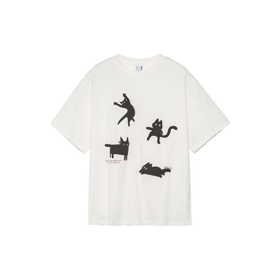 White short-sleeve T-shirt with four black cartoon cats printed on the front, shown flat