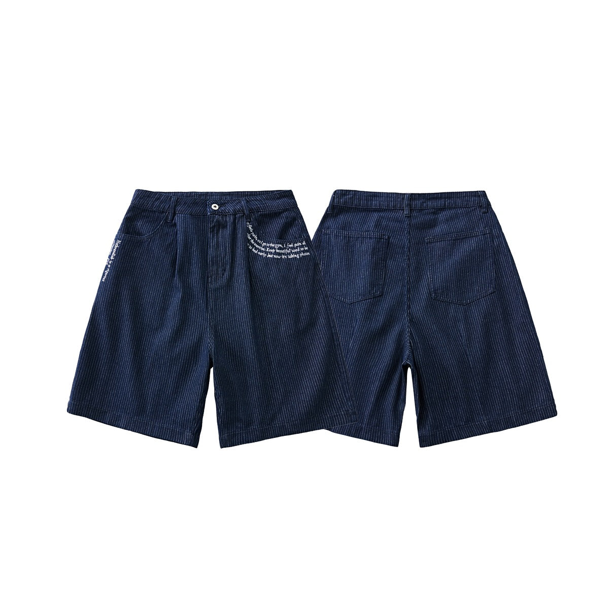 Navy pinstriped shorts shown from the front and back, with front pleats, side pockets, rear patch pockets, and white script.