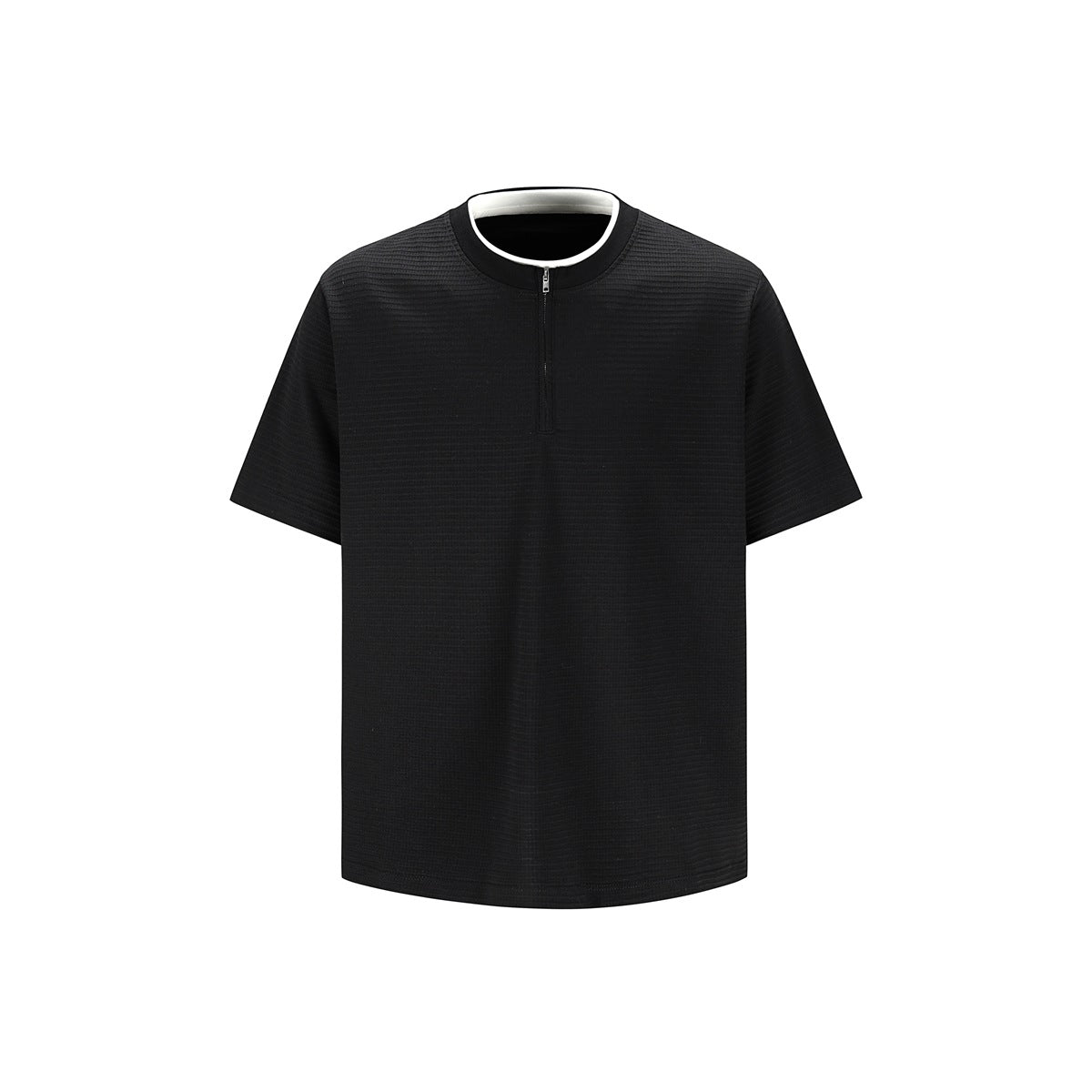 Black short-sleeve T-shirt with short front zipper and white inner collar trim, flat front view