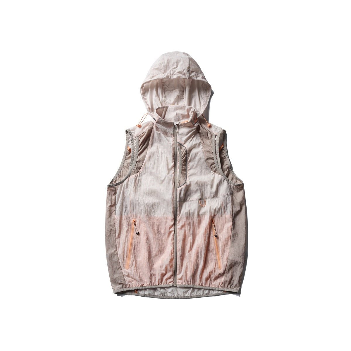 Oatmeal and peach hooded zip vest flat lay with beige side panels, drawstring hood toggles and zippered pockets