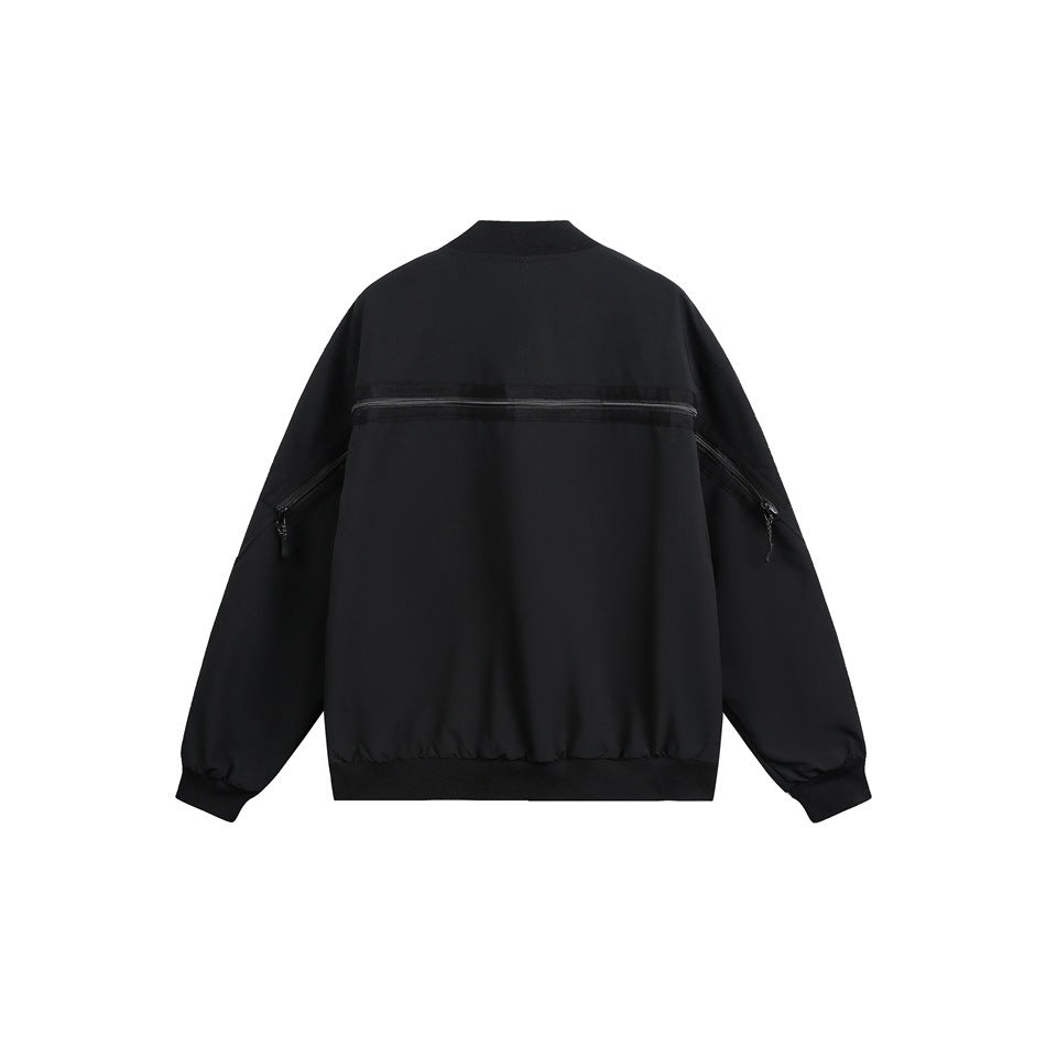 Back view of a black bomber jacket with a horizontal upper-back zipper and angled sleeve zippers.