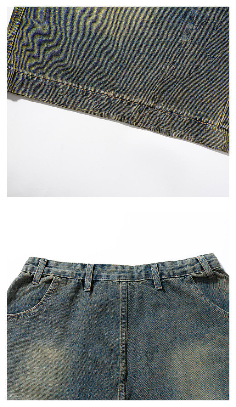 Close-up collage of blue-brown washed denim trousers, showing a stitched hem and the front waistband, belt loops, and