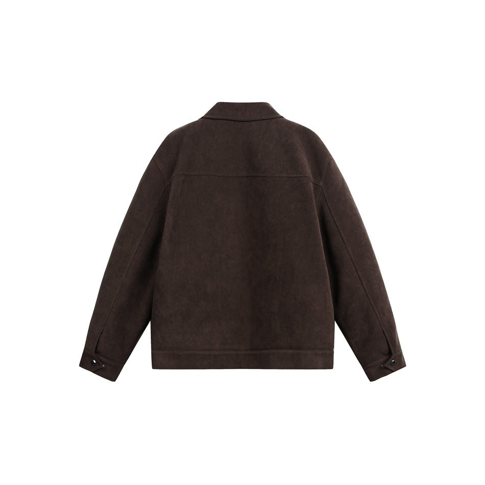 Back view of a dark brown jacket with a short collar and snap-button cuffs.