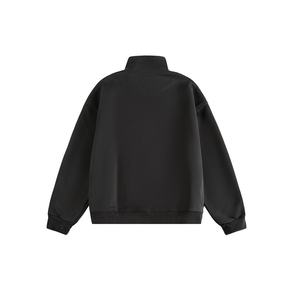 Back view of a black zip-up jacket with a stand collar, long sleeves, and ribbed cuffs and hem.