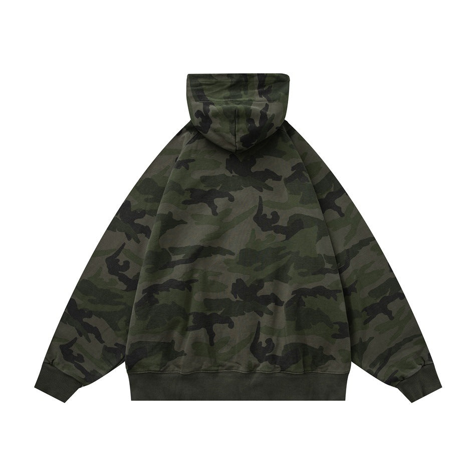 Back view of a dark green camouflage hoodie with hood, raglan sleeves, ribbed cuffs, and ribbed hem.