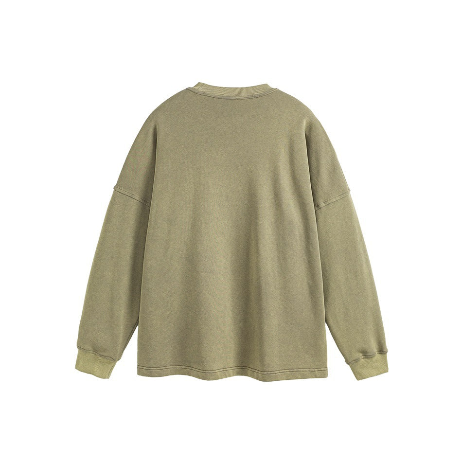 Back view of an olive-khaki crewneck sweatshirt with dropped shoulders and ribbed cuffs and hem.