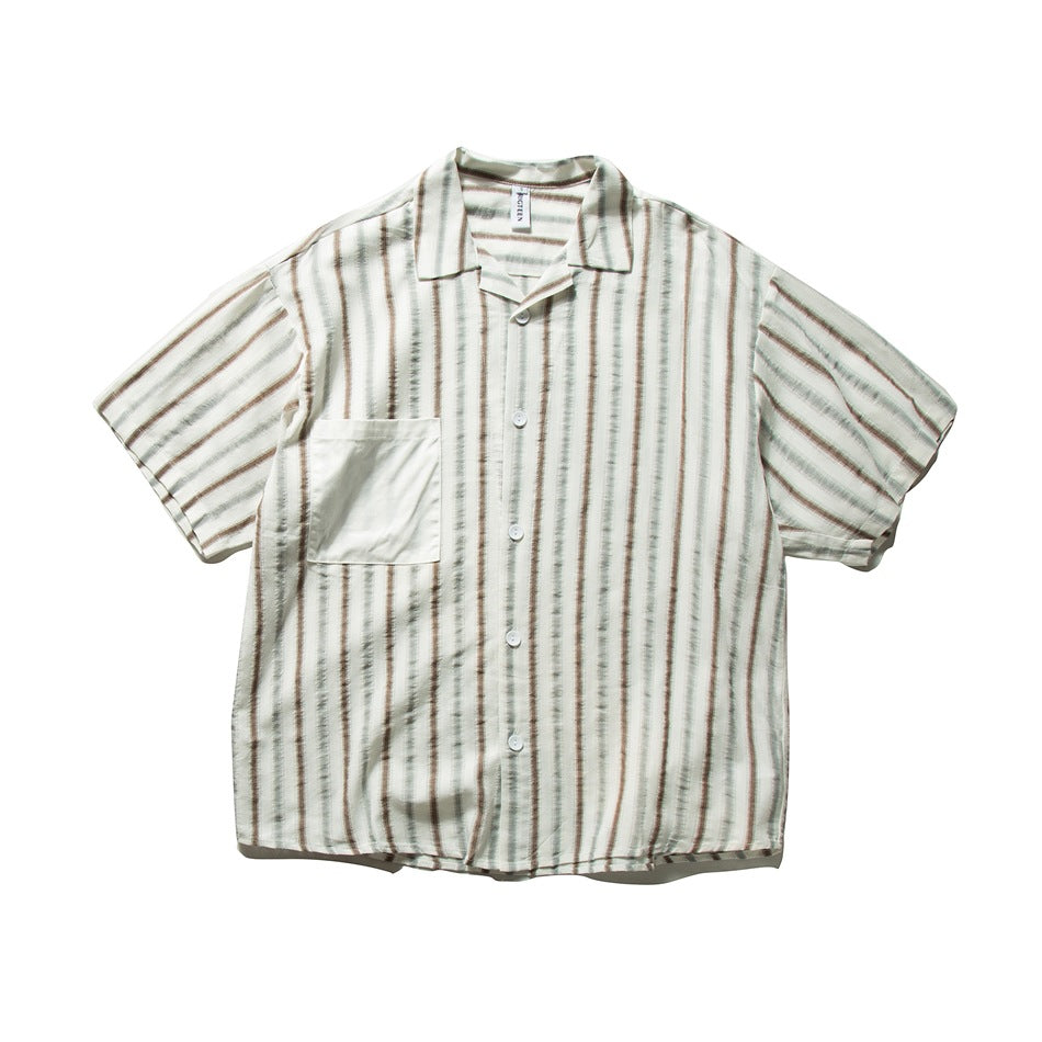 Cream short-sleeve camp-collar shirt with brown and gray-green vertical stripes and a chest pocket, flat lay front view