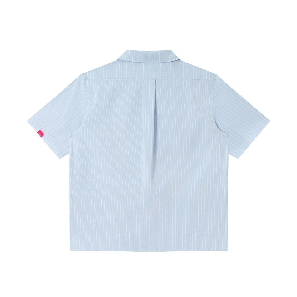 Back of light blue striped short-sleeve shirt with center pleat and small pink sleeve tab, flat lay