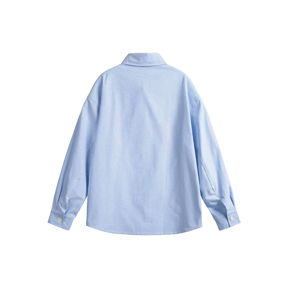 Back view of blue striped long-sleeve shirt with buttoned cuffs and dropped shoulders