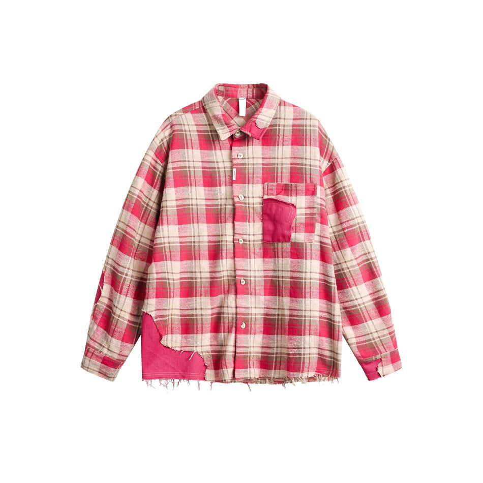 Pink-red, beige and brown plaid button-up shirt with hot-pink patchwork and frayed edges, flat front view