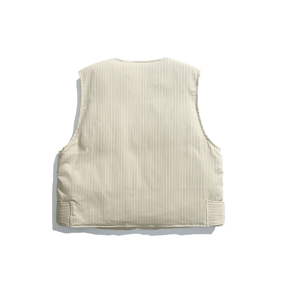 Back of an ivory sleeveless vest with fine vertical ribs and adjustable tabs at the hem.