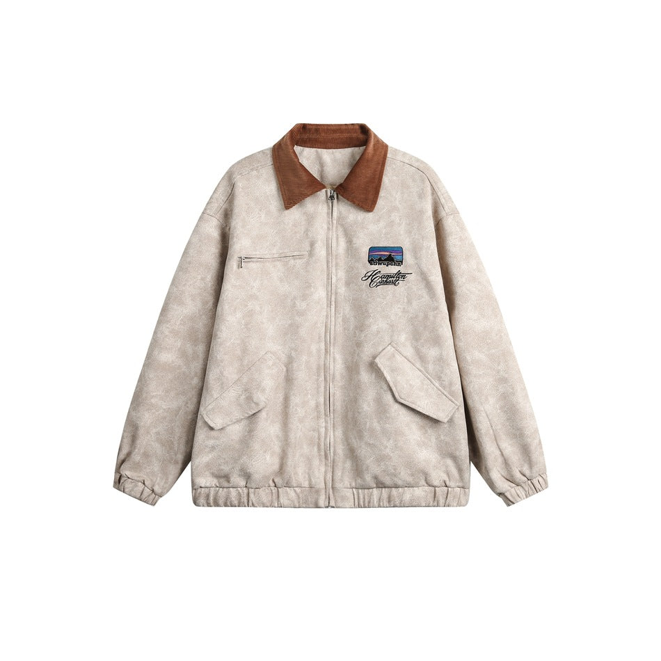 Beige-khaki zip-front jacket with caramel brown corduroy-look collar, flap pockets and embroidered chest patch, flat lay